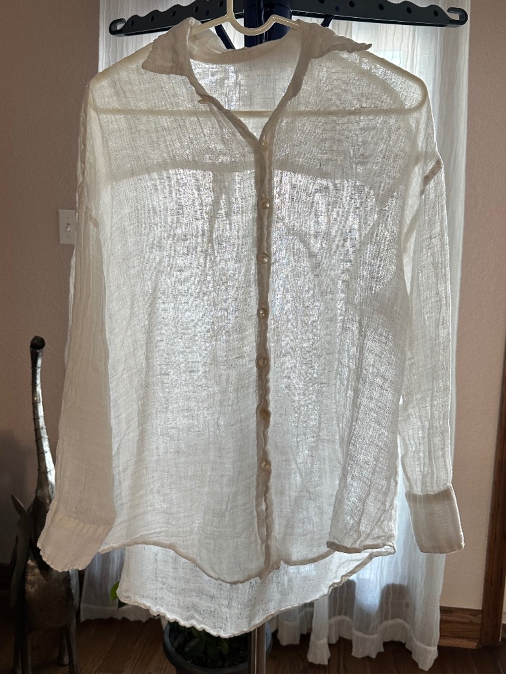 Vitamin A White Sheer Gauze Linen Beachy Button-Up/Cover-Up Shirt sz S